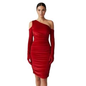Miscreants Red Velvet  body con Dress w/ Gloves NWOT  Ruched ❤️